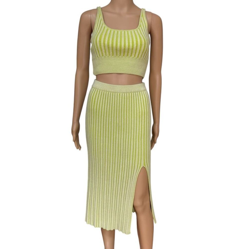 Anthropologie By Together set  Ribbed Chunky Knit Crop tank Green Striped Sz S